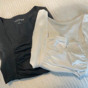 Soft Surroundings ruched tees. Hard to find 3/4 sleeves! 2 tees -black and white